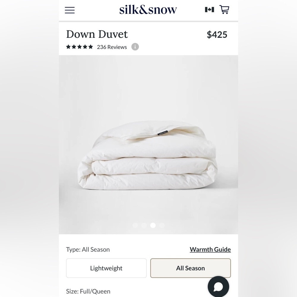 $480.25 Silk&Snow Without Case* Down Duvet - Queen - All Season